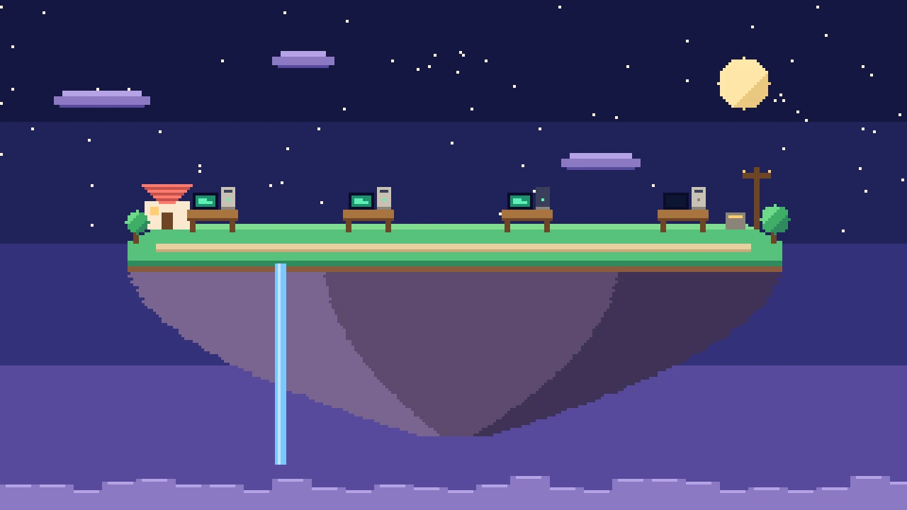 A pixel-art floating island at dusk with a workshop, four desks with computers and a power pole