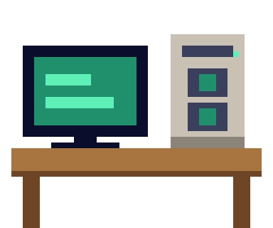 A pixel desk with a monitor and a PC tower